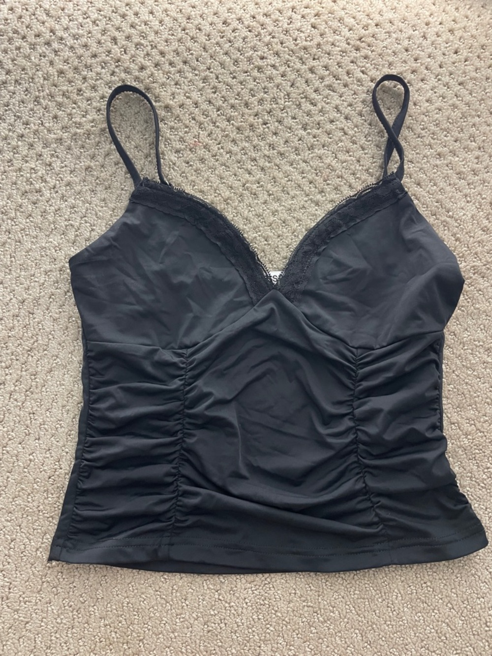 Princess Polly Black Lace-Trim Ruched Cami Tank